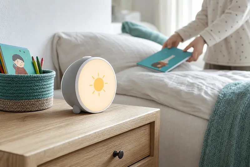 Réveil éducatif lumineux près d’un livre dans une chambre d’enfant.