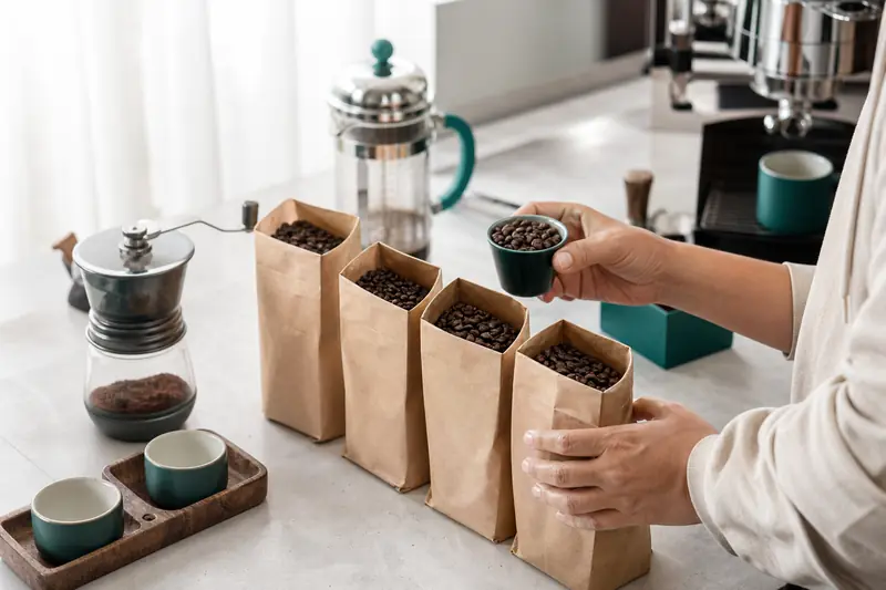 Grains de café, moulin manuel et tasses pour choisir le meilleur café.