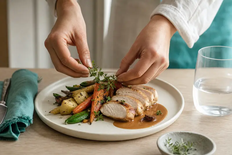 Dressage élégant d’un plat gourmand aux légumes rôtis sur table claire