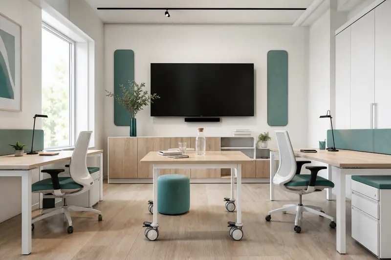 Petit espace de travail collaboratif avec table mobile, écran mural et rangements verticaux