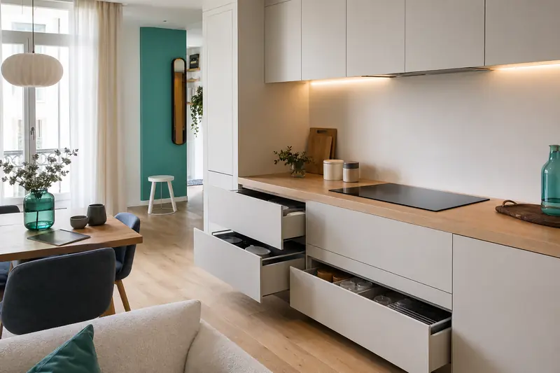 Petite cuisine ouverte lumineuse avec rangements optimisés et plan de travail en bois