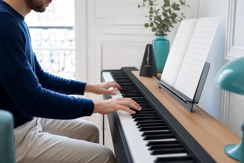 Débutant pratiquant le piano numérique avec une partition et un métronome.