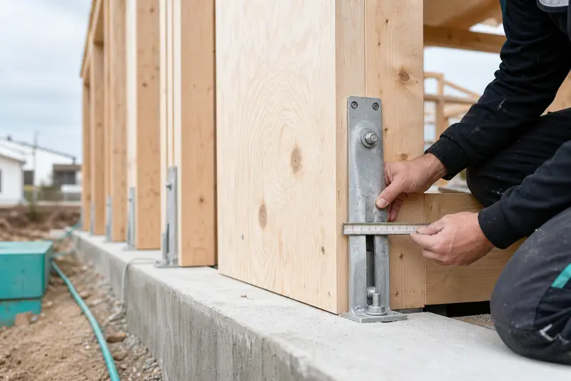 Ossature d’une maison en bois renforcée par contreventements et ancrages parasismiques.