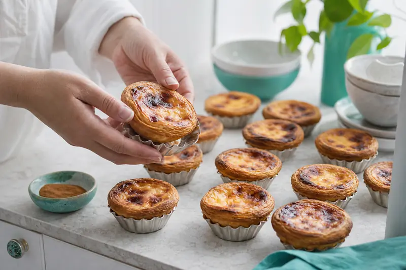 Douze pastéis de nata dorés dans leurs moules métalliques sur un plan clair.