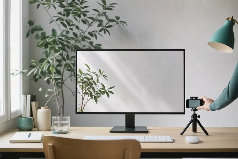 Moniteur affichant un fond d’écran transparent simulé dans un bureau lumineux