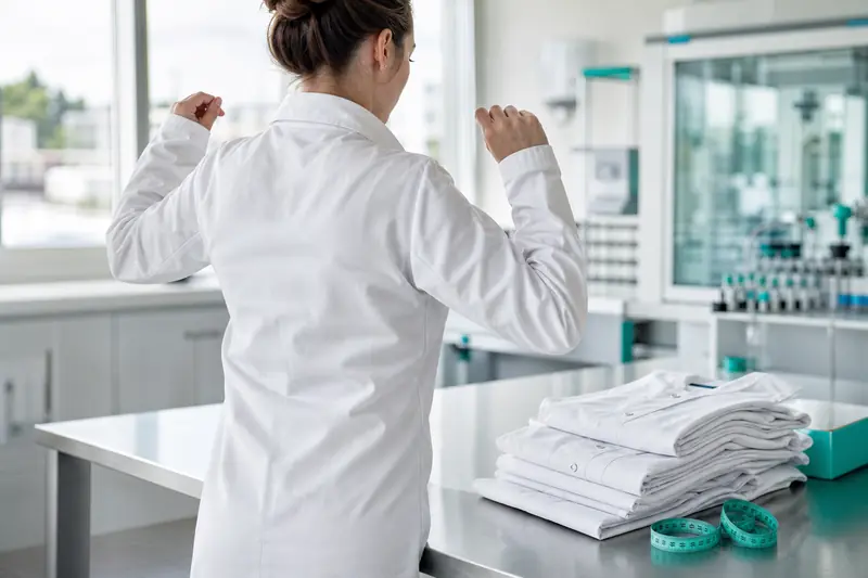 Technicien essayant une blouse de travail blanche dans un laboratoire lumineux