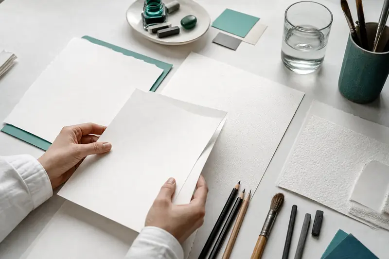 Comparaison de feuilles de dessin lisse, grain fin et texturé sur un bureau.