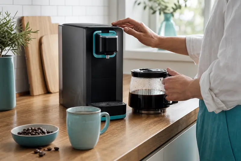 Sélection d’une machine à café sur un plan de travail de cuisine.