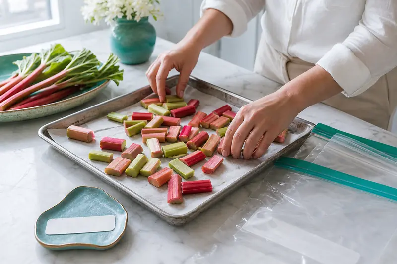 Morceaux de rhubarbe sur plaque, prêts à être congelés en portions.