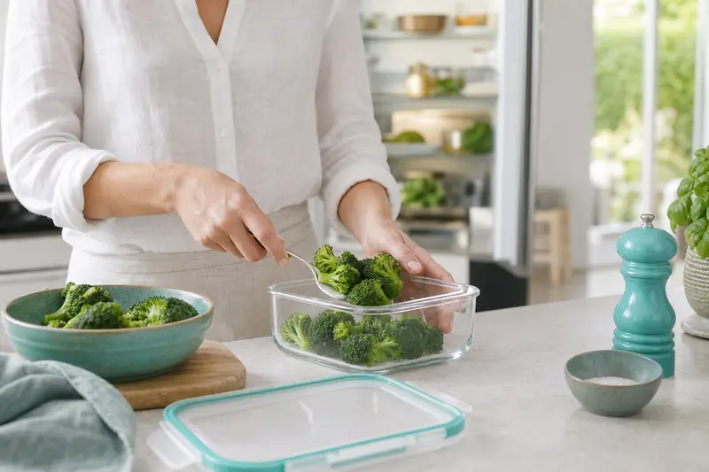 Brocoli cuit égoutté rangé dans une boîte hermétique au réfrigérateur