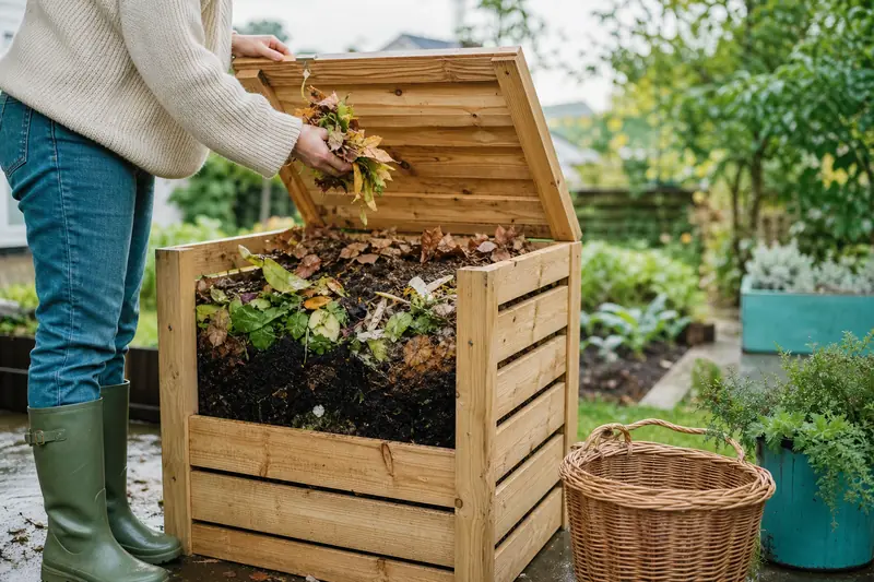 Composteur en bois de 300 L alimenté avec épluchures et feuilles sèches