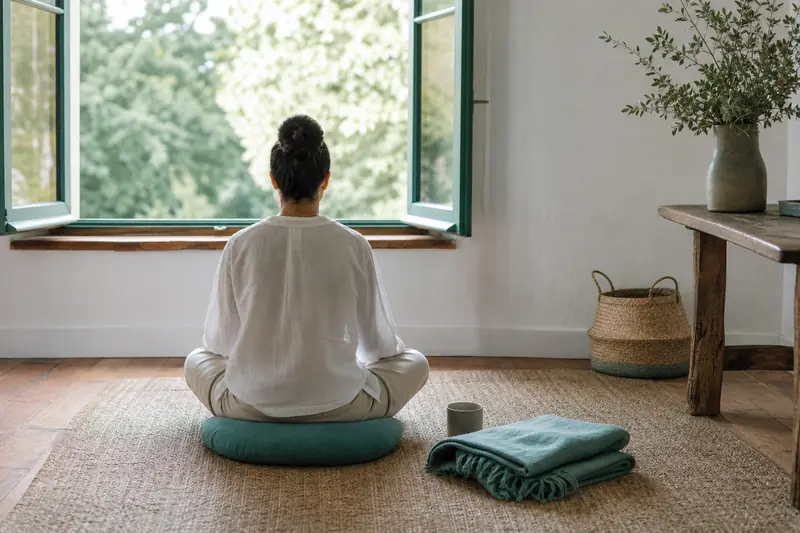 Participant assis en méditation lors d’une retraite spirituelle en pleine nature