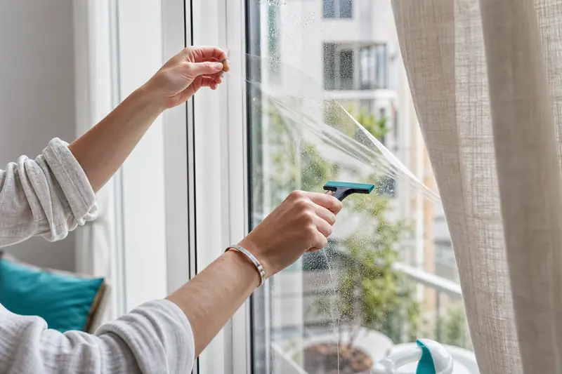 Pose d’un film solaire transparent sur une grande fenêtre d’appartement.
