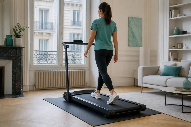 Personne utilisant un tapis de marche compact dans un salon lumineux.