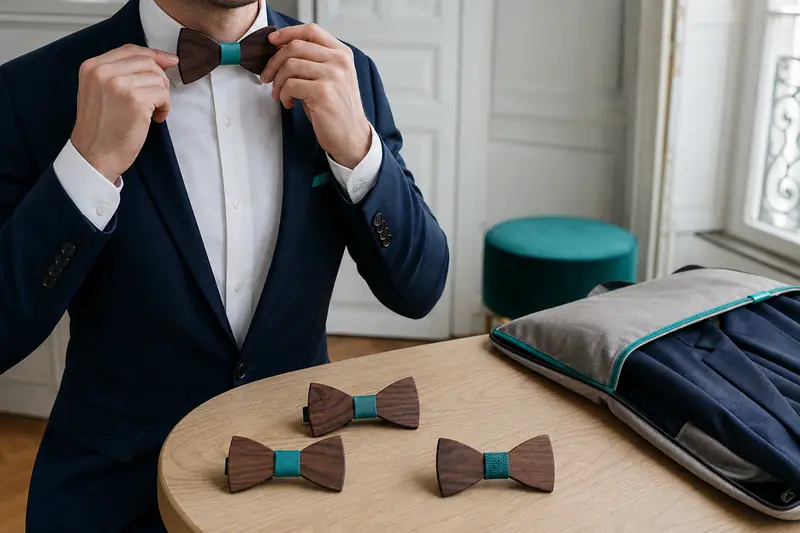 Nœud papillon en bois foncé ajusté sur une chemise blanche et veste marine