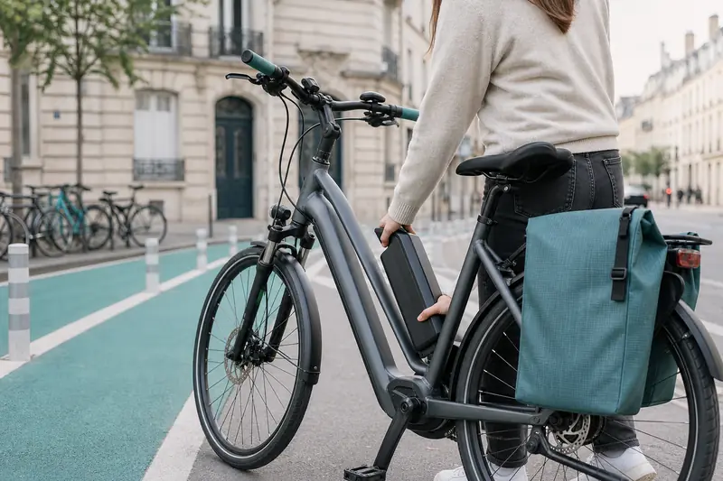 Vélo électrique urbain garé près d’une piste cyclable avec batterie amovible
