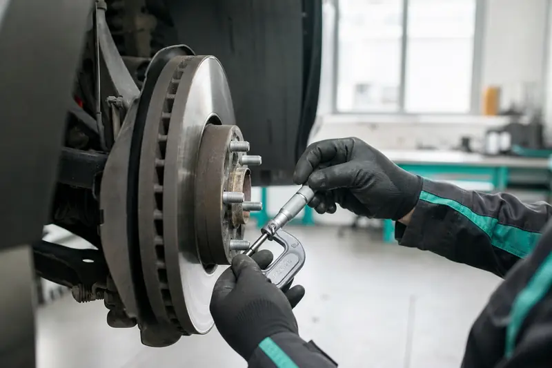 Contrôle au micromètre de disques de freins dans un atelier automobile.