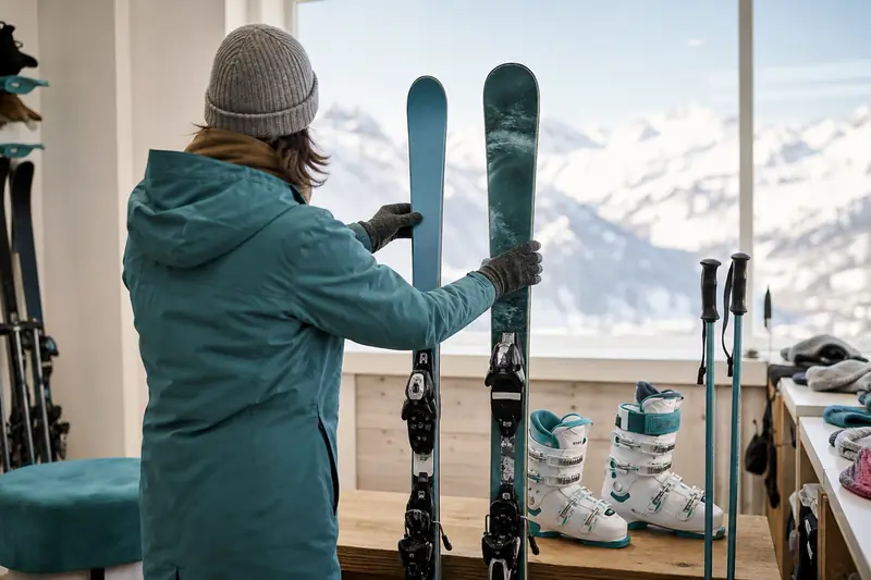 Skieur comparant des skis de piste et all-mountain dans un magasin alpin