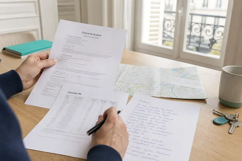 Propriétaire préparant une augmentation de loyer à Paris avec bail et calcul IRL