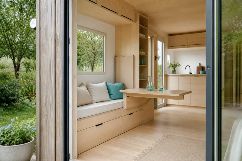 Une micro-maison en bois compacte ouverte sur une terrasse végétalisée