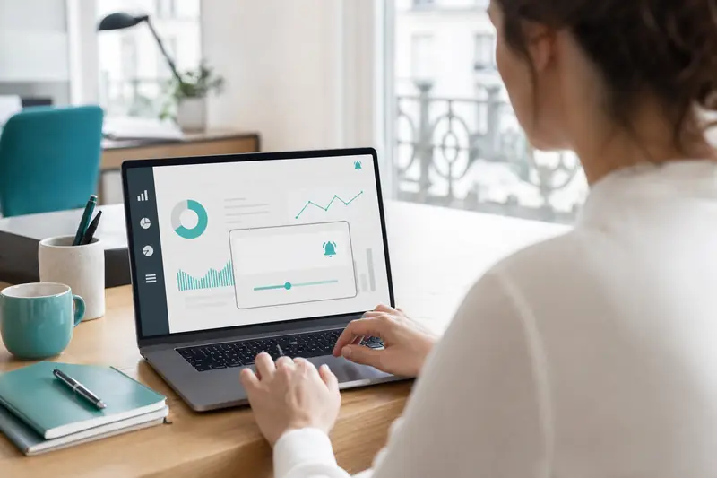 Analyste configurant des alertes Power BI sur un tableau de bord numérique