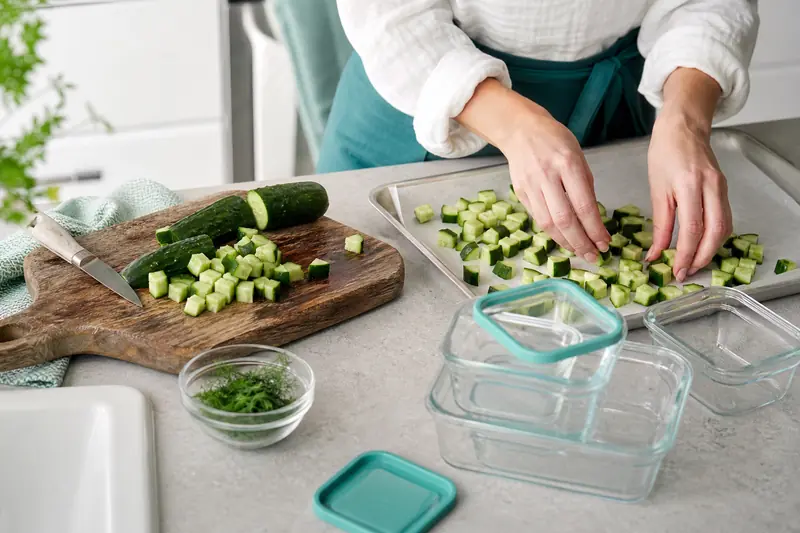 Découpe de concombres pour la congélation sur une plaque de cuisine.
