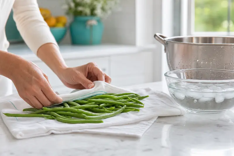 Haricots verts frais séchés sur un torchon avant leur congélation.