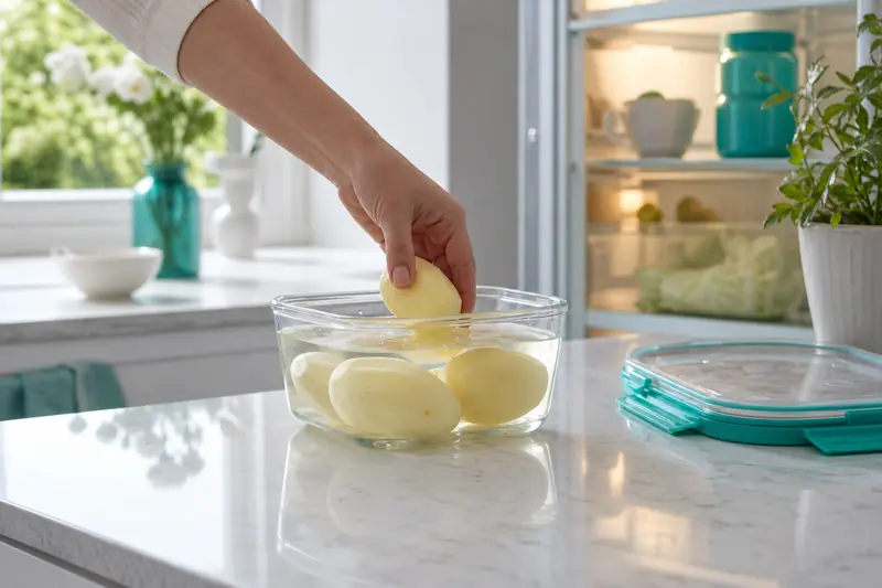 Pommes de terre épluchées immergées dans de l’eau froide au réfrigérateur