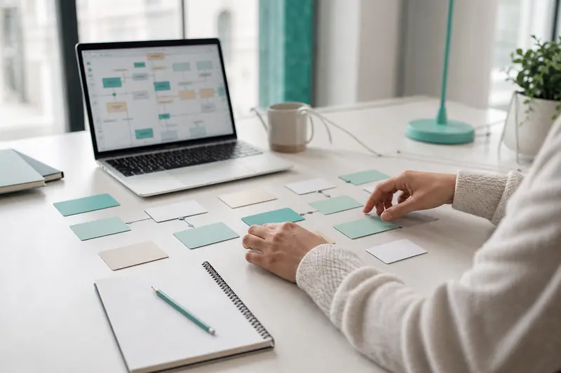 Conceptrice organisant des cartes pour créer un contenu éducatif sur ordinateur