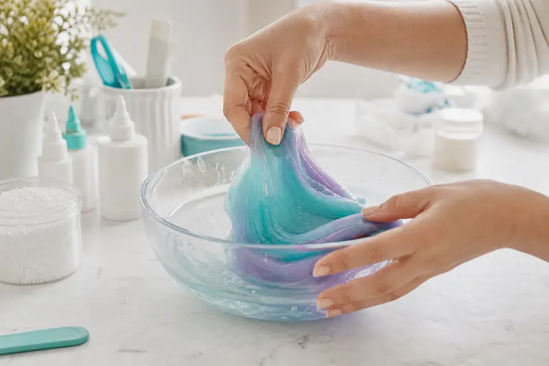 Préparation d’un slime avancé transparent coloré dans un bol en verre.