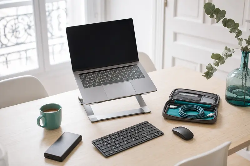 Bureau nomade minimaliste avec ordinateur sur support, clavier compact et câbles rangés