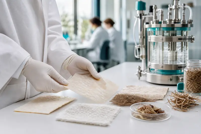 Échantillons de biotextiles et bioréacteur dans un centre de recherche