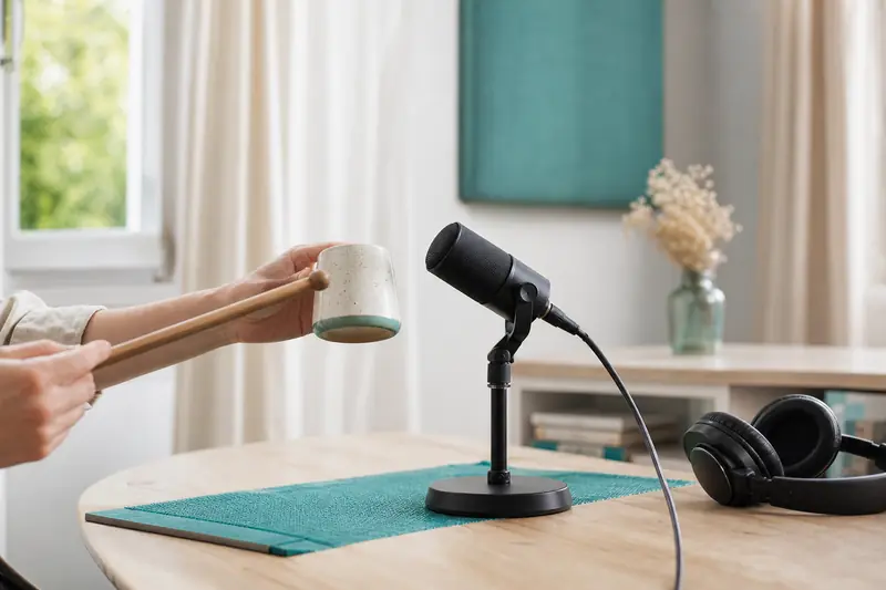 Création sonore avec microphone et objets du quotidien dans un studio à domicile