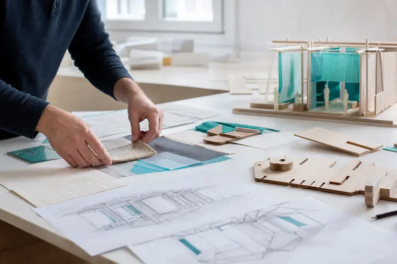 Maquette et échantillons pour un studio de design temporel dans un atelier lumineux.