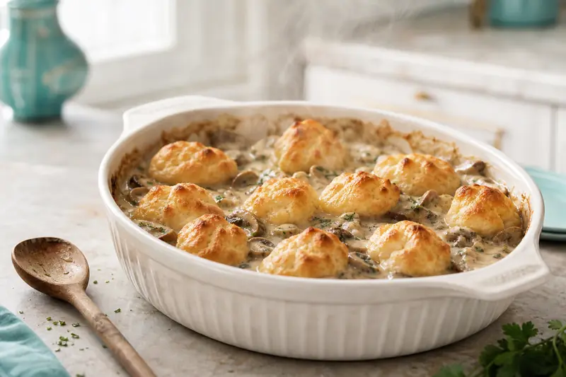 Plat de quenelles gonflées au four dans une sauce crémeuse aux champignons