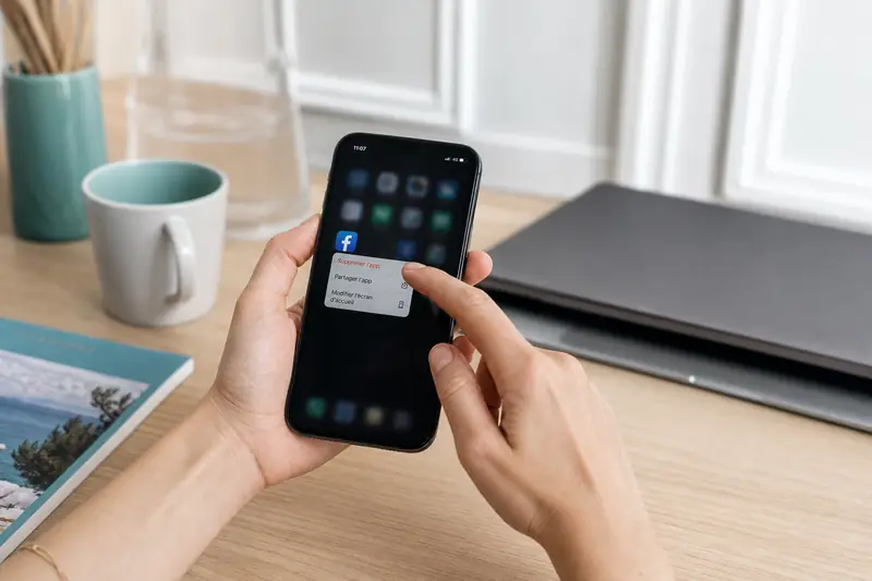 Main supprimant l’application Facebook d’un smartphone posé sur un bureau clair