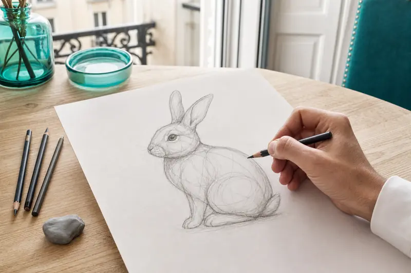 Main dessinant un lapin assis au crayon sur une feuille blanche.