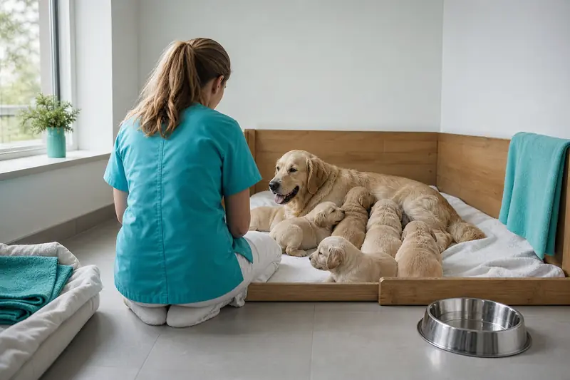 Éleveuse observant une portée de futurs chiens guides dans une maternité canine