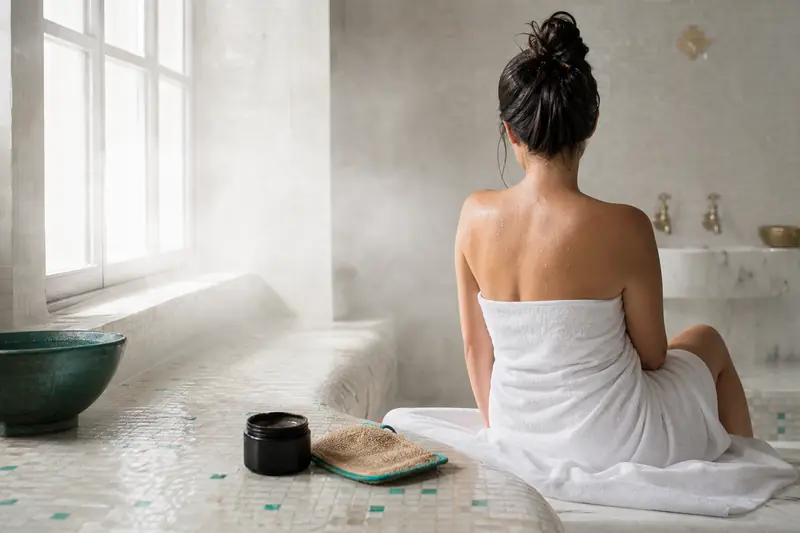 Rituel de hammam avec savon noir et gant kessa sur banc carrelé