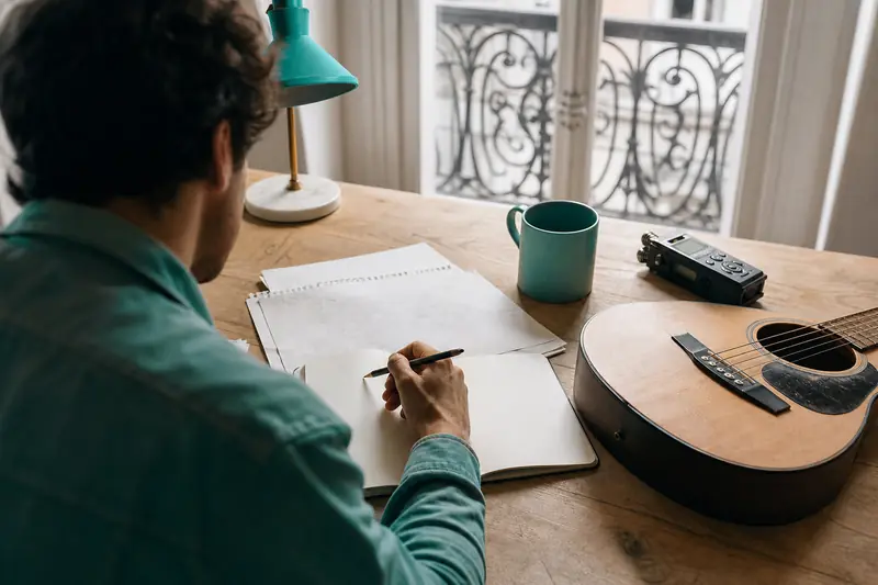 Auteur écrivant des paroles de chanson près d’une guitare et d’un carnet