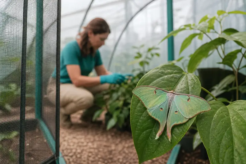 Papillon urania vert émeraude posé sur une plante hôte en serre.
