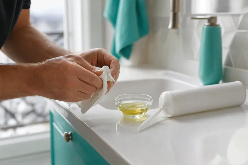 Mains retirant des résidus de silicone après la pose d’un joint de salle de bains.