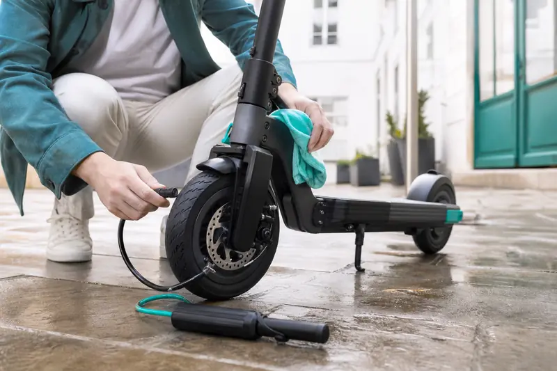 Entretien d’une trottinette électrique avec contrôle du pneu et nettoyage du pliage