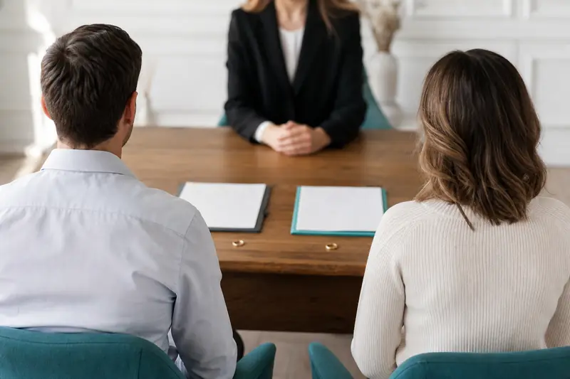 Couple préparant un divorce amiable avec deux dossiers et leurs alliances.