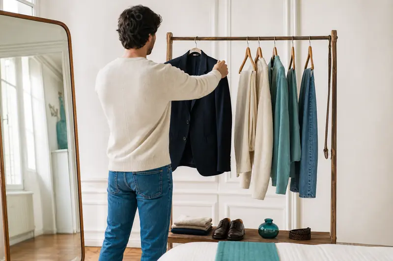 Sélection de vêtements neutres et accessoires pour composer un style personnel.