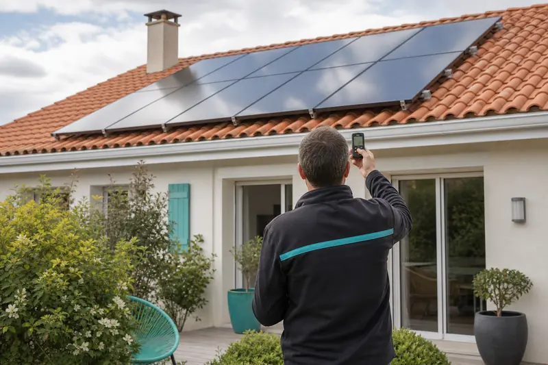 Technicien évaluant des panneaux solaires sur le toit d’une maison à Niort.