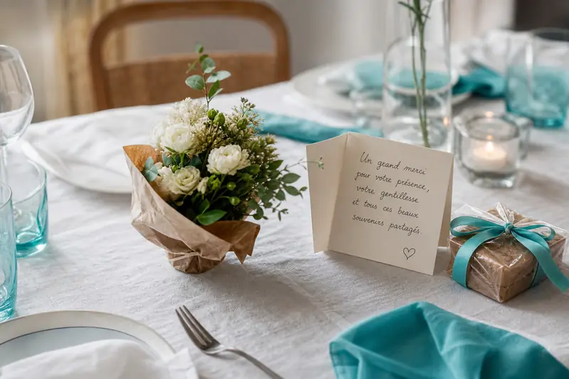 Carte manuscrite et bouquet pour remercier des invités après une réception