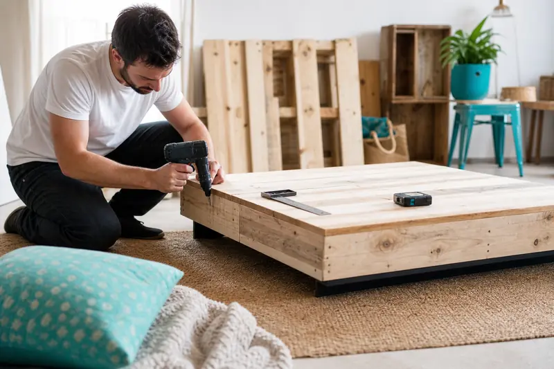 Fabrication d’une table basse moderne en bois de palettes poncé dans un atelier.