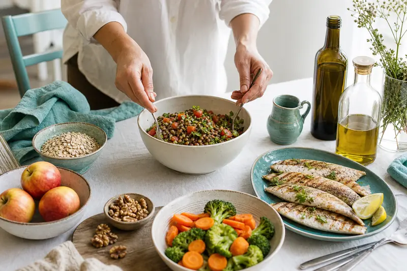 Préparation d’un repas équilibré pour faire baisser le cholestérol naturellement.
