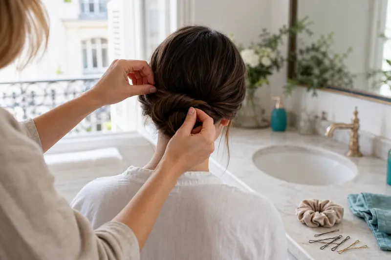 Mains réalisant un chignon bas torsadé avec des épingles sur cheveux bruns